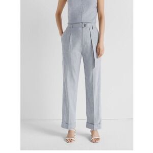 Club Monaco Belted Long Rolled Trouser Blue Chambray Stripe‎ Linen Size 10